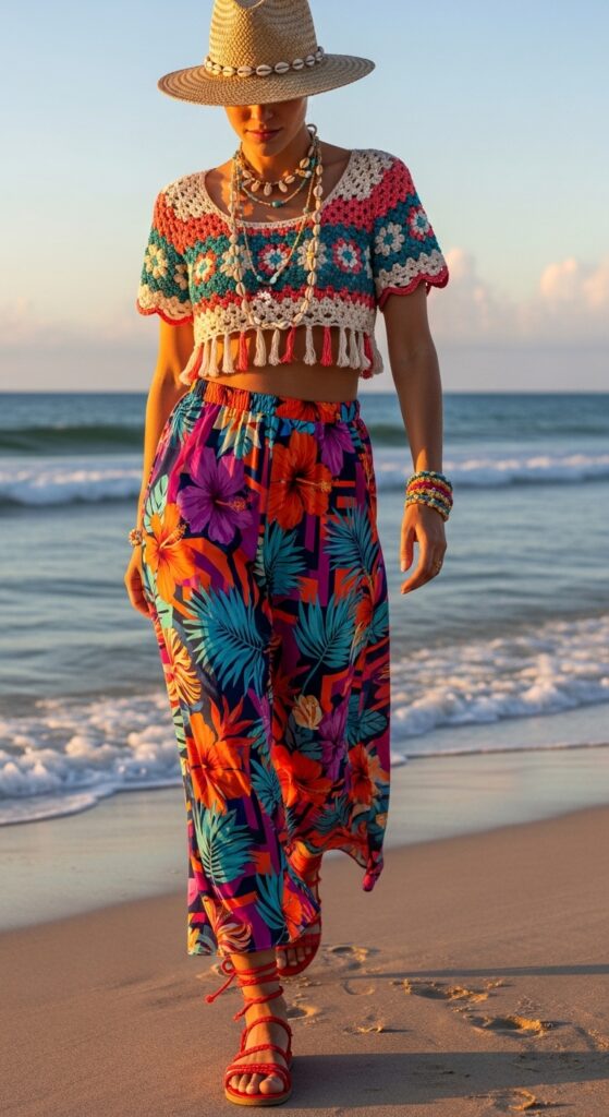Crochet Top with Maxi Skirt and Sandals