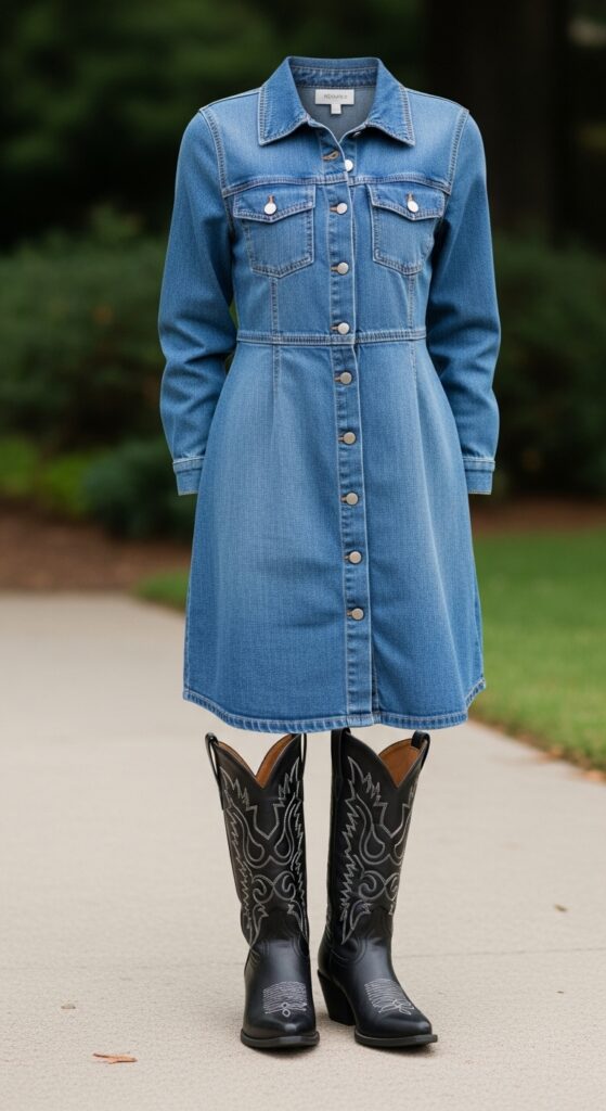 Denim Dress with Cowboy Boots