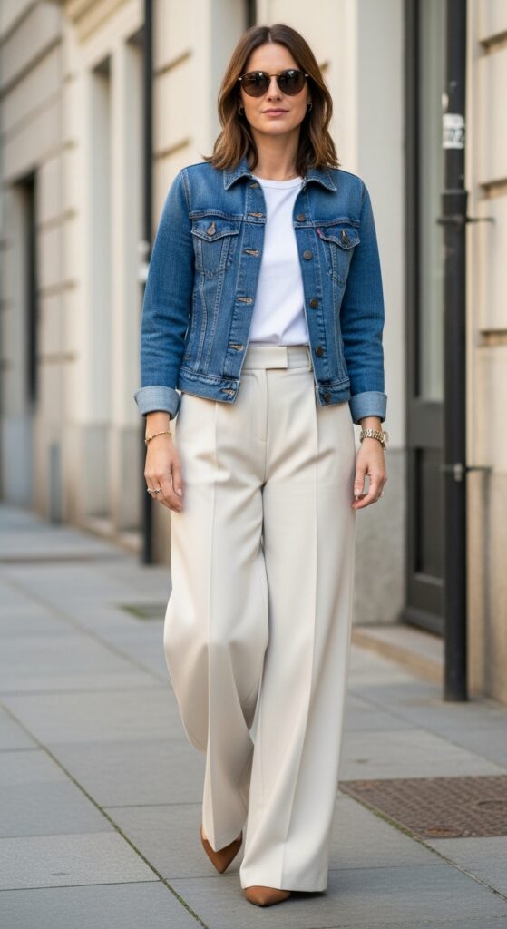 Denim Jacket and Wide-Legged Trousers