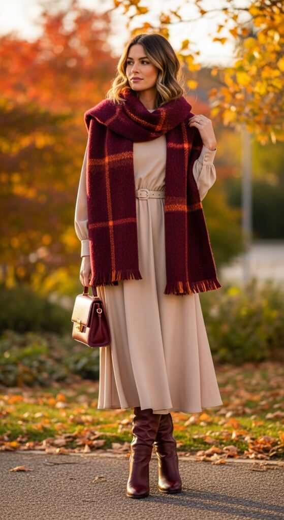 14 Elegant Beige Dress Outfits for Timeless Style 16 Fall Boots and Scarf