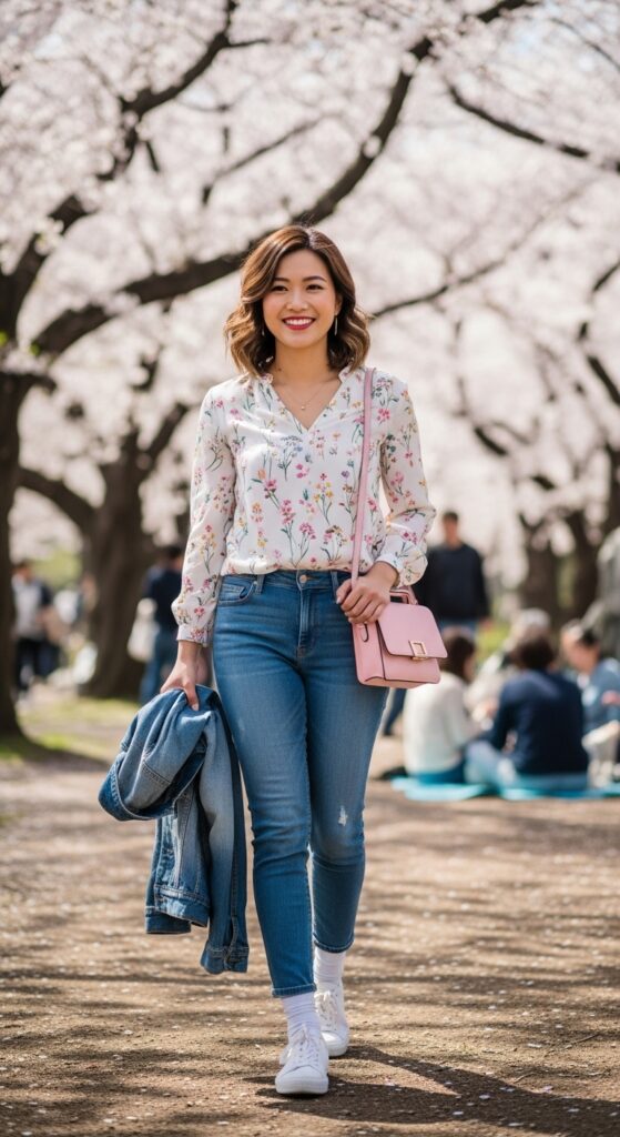 What to Wear in Japan: 12 Stylish Outfit Ideas for Your Trip 4 Floral Blouse with Jeans and Sneakers