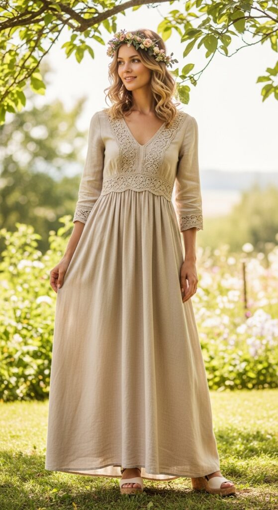14 Elegant Beige Dress Outfits for Timeless Style 21 Floral Crown Touch