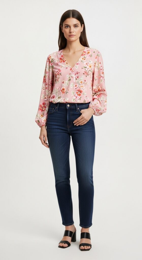 10 Casual Interview Outfit Ideas That Strike The Perfect Balance 11 Flowy Blouse with Dark Jeans and Block Heels