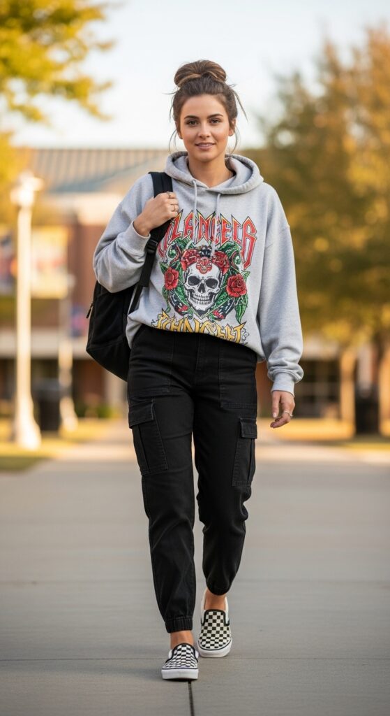 14 Chic Black Cargo Pants Outfits for Effortless Style 5 Graphic Hoodie and Cargo Combo