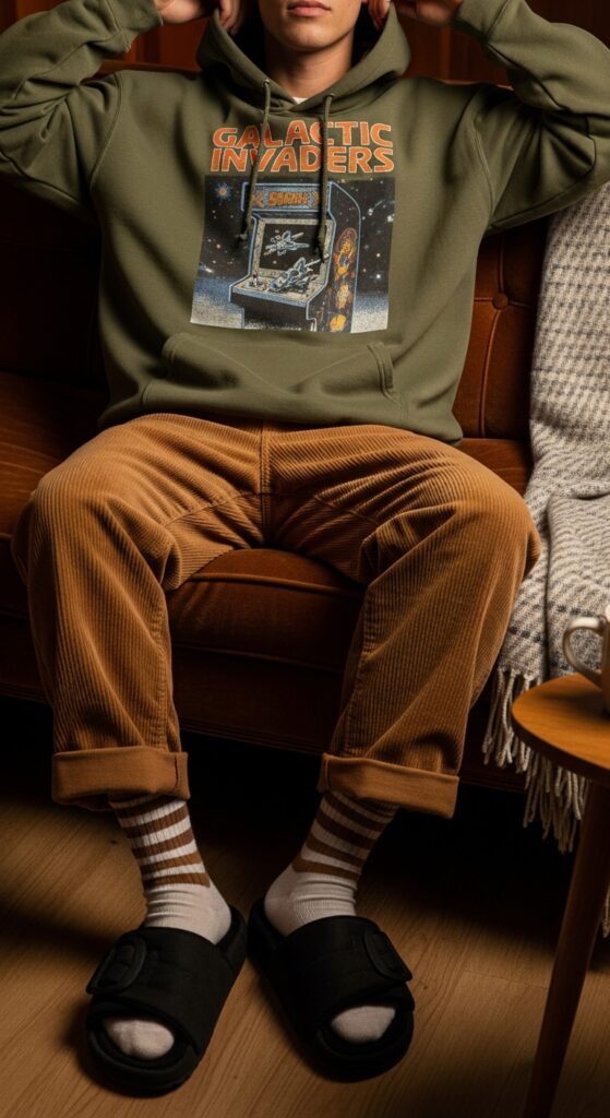 Graphic Hoodie and Corduroy Pants with Slides