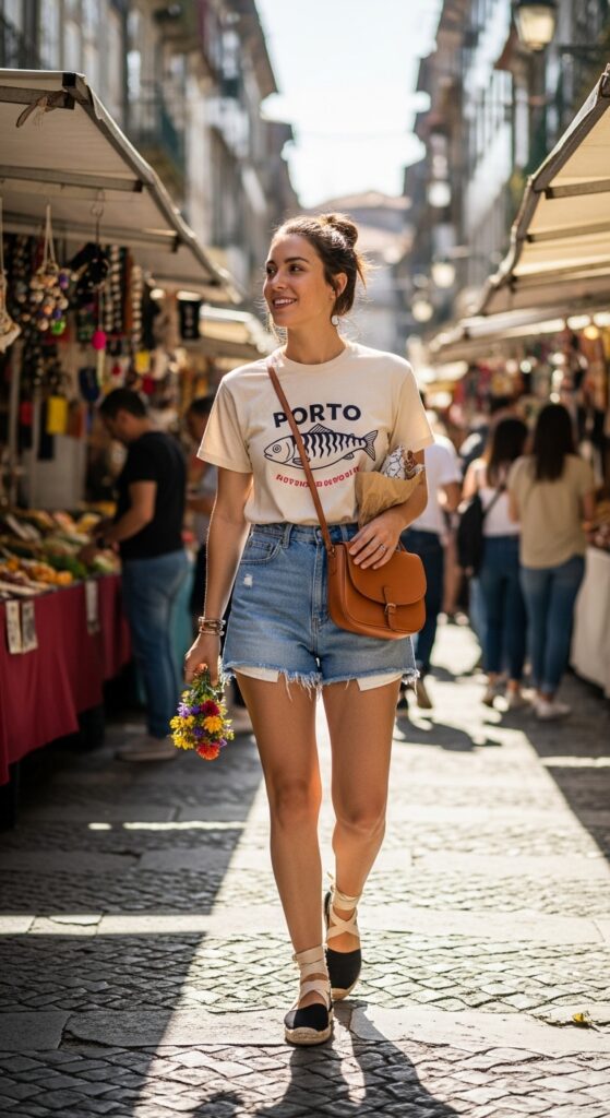 Graphic Tee and Denim Shorts with Espadrilles