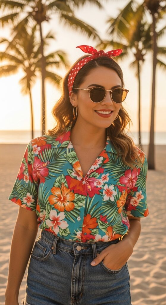 Hawaiian Shirt and High-Waisted Shorts Retro Charm