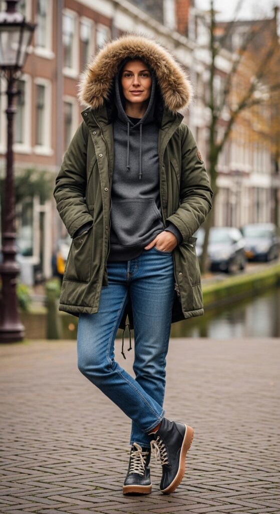 What To Wear in Amsterdam: 17 Stylish Outfit Ideas for Every Season 23 Hoodie under Parka and Jeans