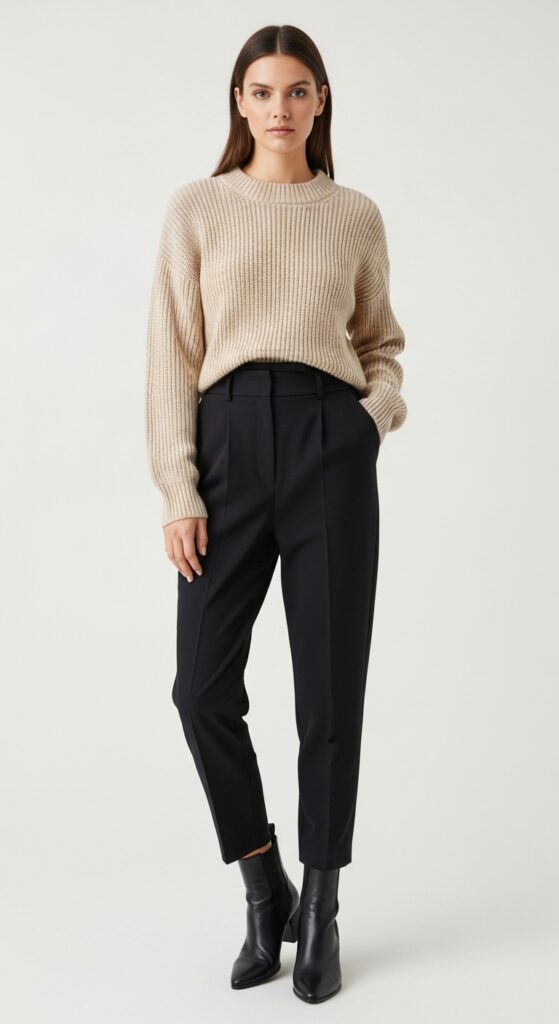 10 Casual Interview Outfit Ideas That Strike The Perfect Balance 6 Knit Top with High-Waisted Pants and Ankle Boots