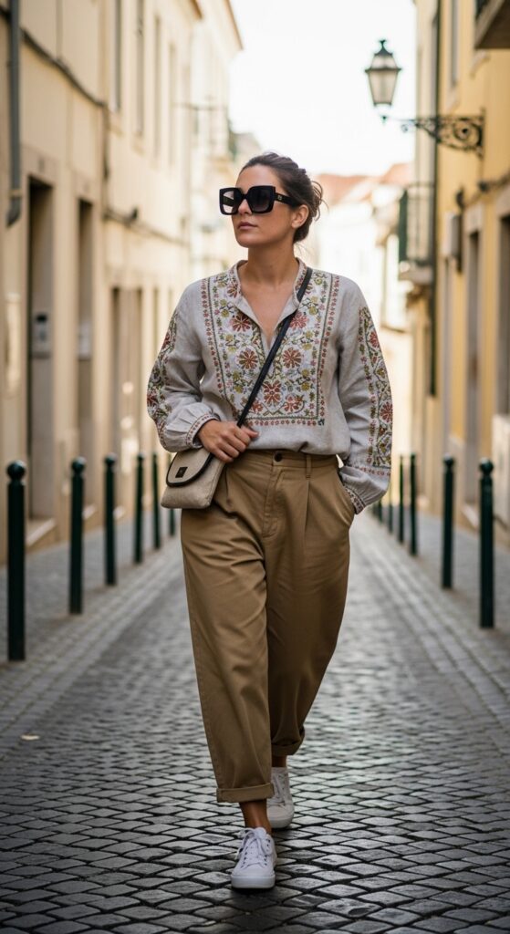 Linen Blouse with Wide-Leg Pants and Sneakers