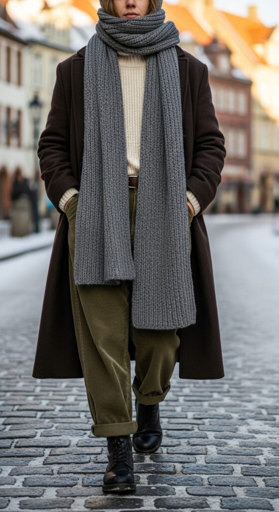 Long Coat and Corduroy Pants with Scarf