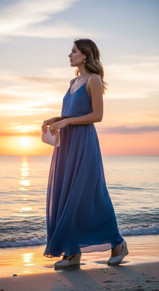 12 Dreamy Maldives Outfit Ideas for Your Island Paradise 9 Maxi Dress with Wedges
