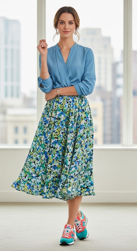 15 Chic New Balance Outfit Ideas for Any Moment 9 Midi Skirt and Blouse
