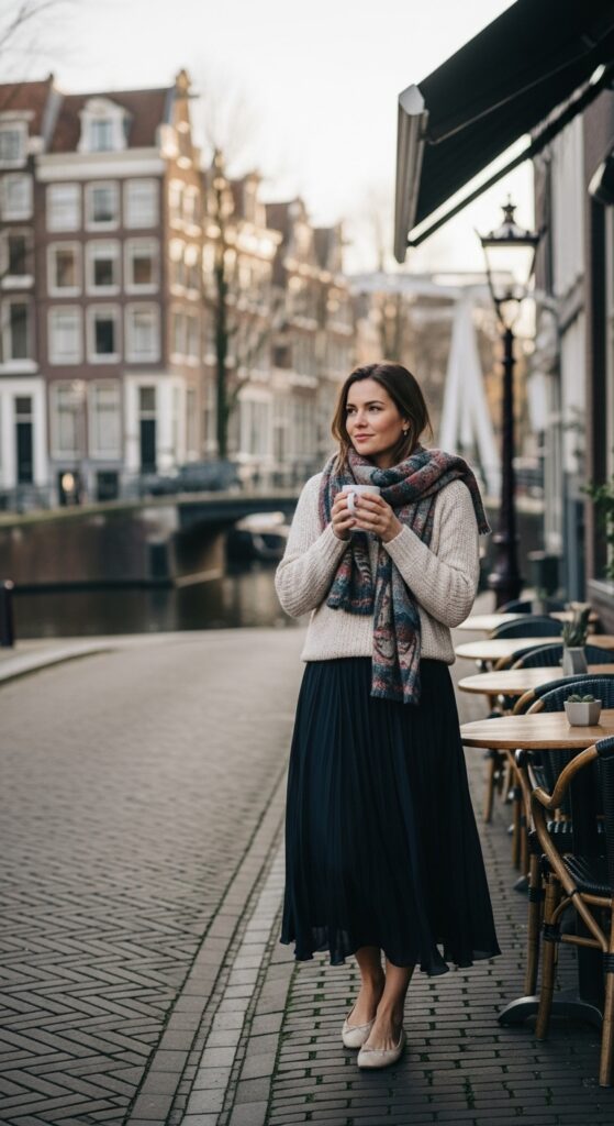 What To Wear in Amsterdam: 17 Stylish Outfit Ideas for Every Season 5 Midi Skirt and Sweater with Flats