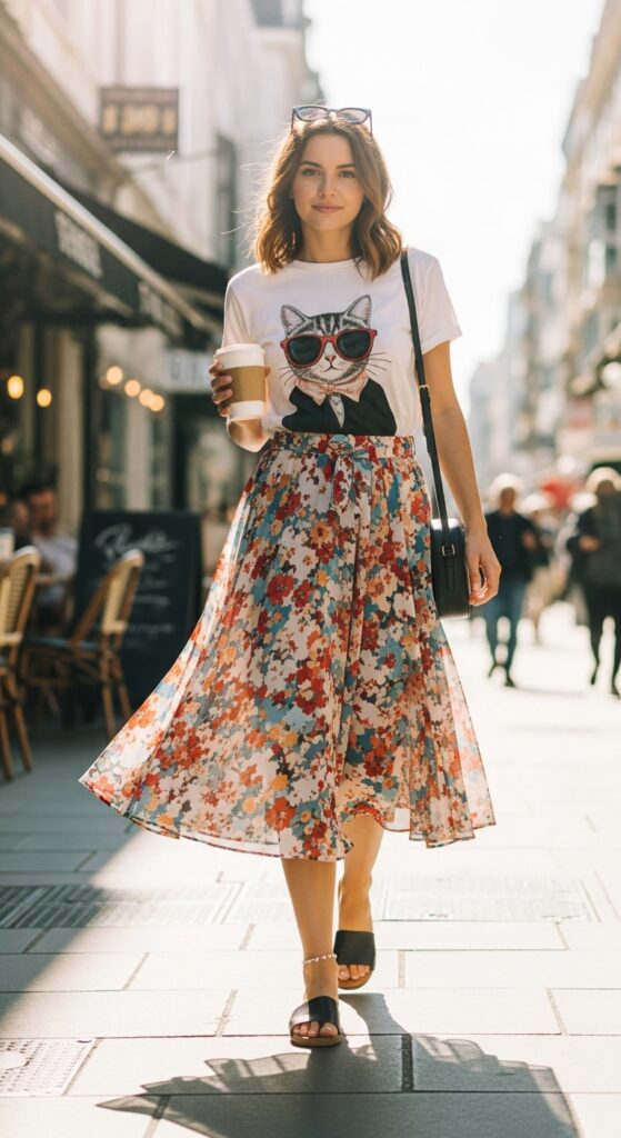 Midi Skirt with Graphic Tee