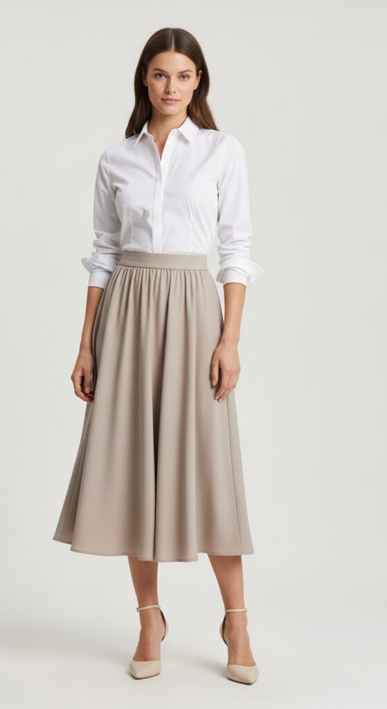 10 Casual Interview Outfit Ideas That Strike The Perfect Balance 3 Midi Skirt with a Button-Up Shirt