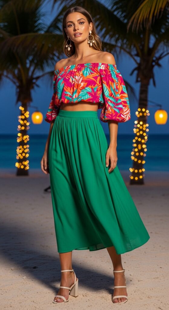 12 Dreamy Maldives Outfit Ideas for Your Island Paradise 11 Off-Shoulder Top and Skirt