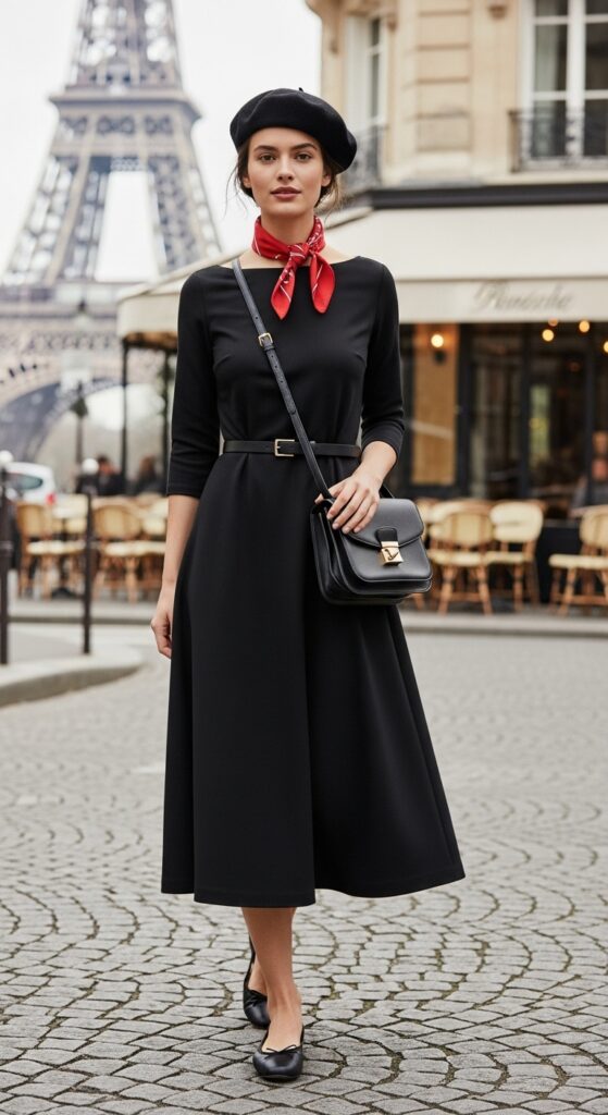 Parisian-Inspired Black Dress with Accessories