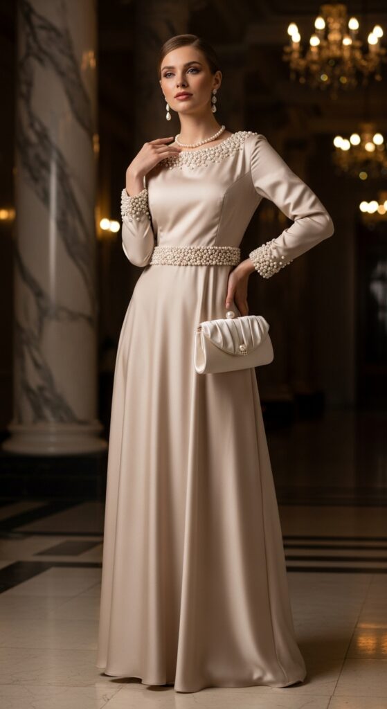 14 Elegant Beige Dress Outfits for Timeless Style 20 Pearl Accents and Clutch