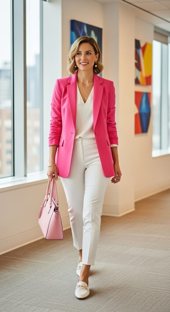 Pink Blazer with White Pants