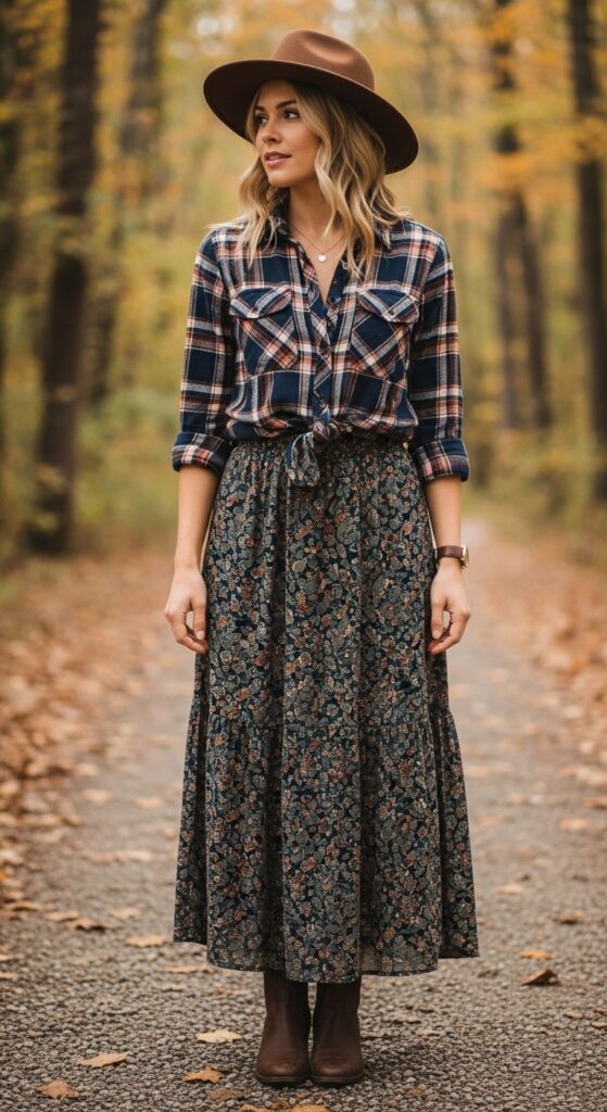 Plaid Flannel Shirt with Maxi Skirt