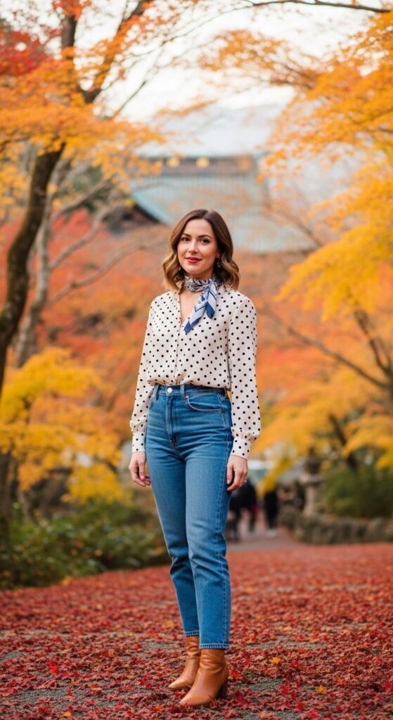 What to Wear in Japan: 12 Stylish Outfit Ideas for Your Trip 12 Polka Dot Top with Jeans and Ankle Boots