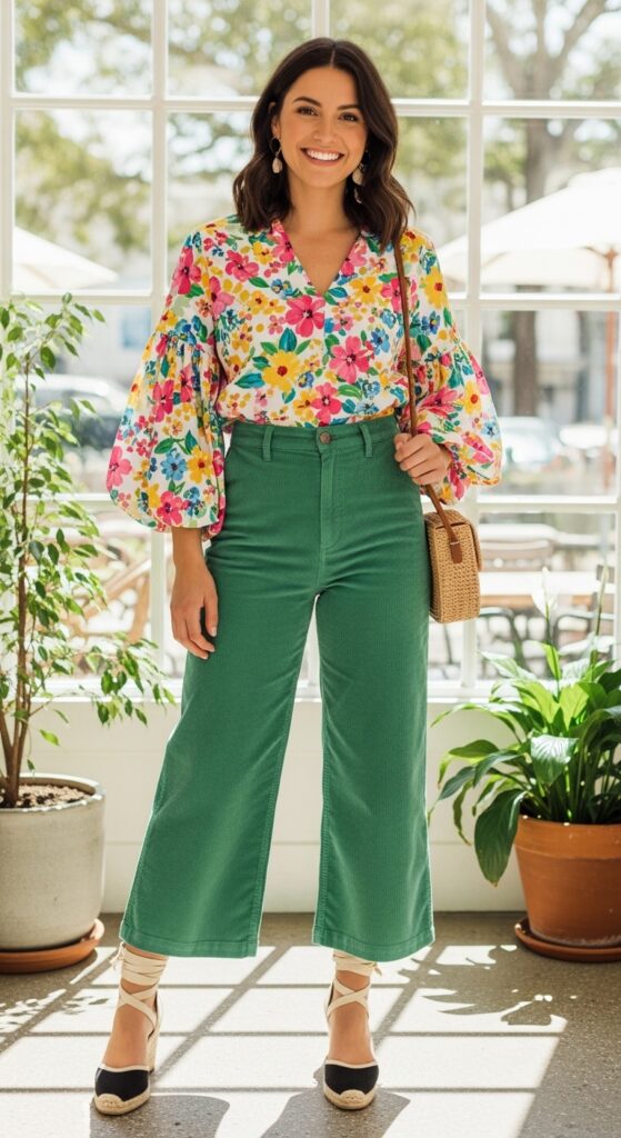Printed Blouse and Colored Corduroy Pants