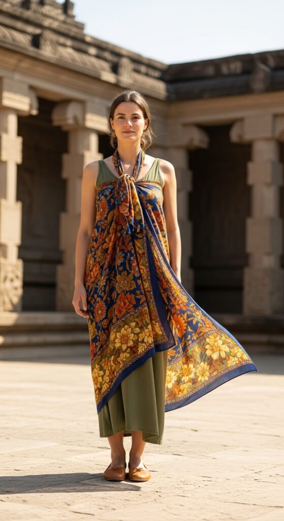 Sarong over Maxi Dress with Flats