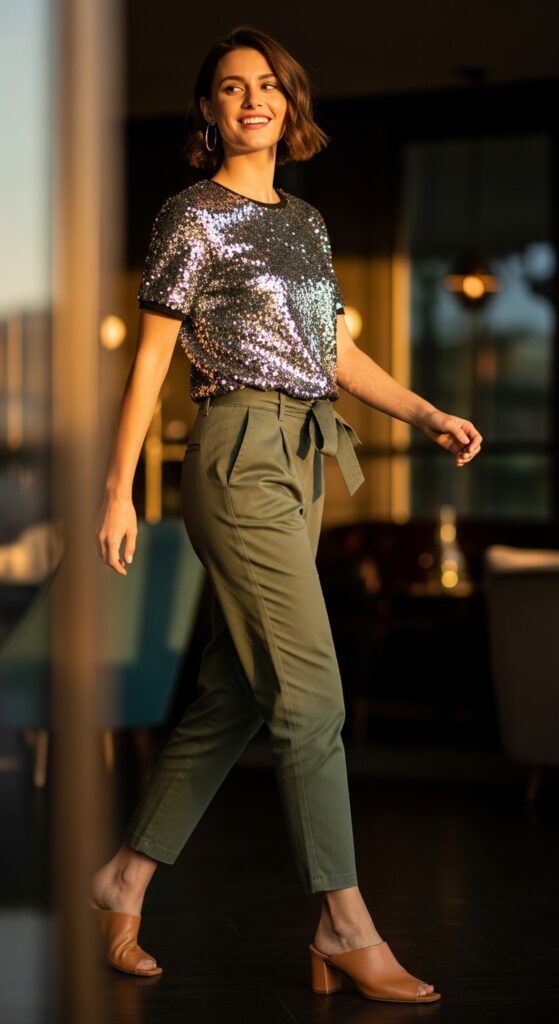 12 Chic Chinos Outfit Ideas to Elevate Your Style 14 Sequin Top Sparkle