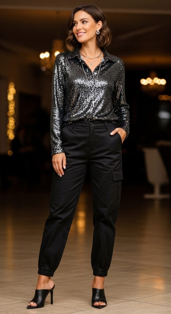 14 Chic Black Cargo Pants Outfits for Effortless Style 14 Sequin Top Sparkle
