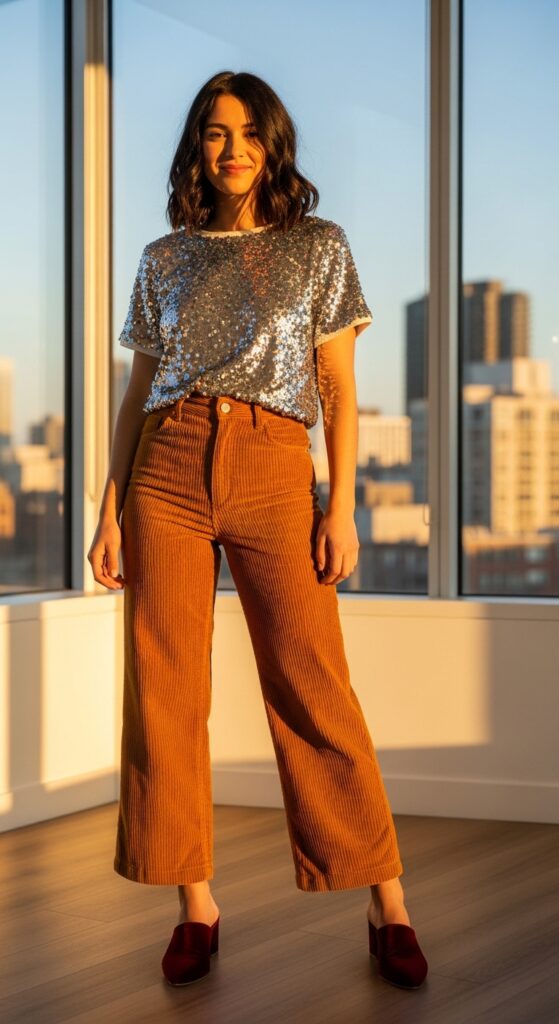 Sequin Top and Corduroy Pants with Mules
