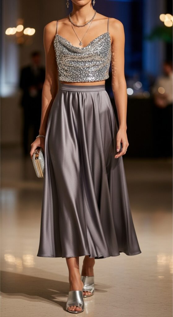 Silver Sequin Top and Skirt with Mules