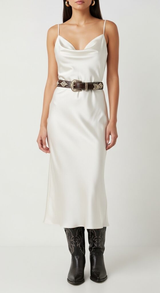 Slip Dress with a Western Belt and Cowboy Boots