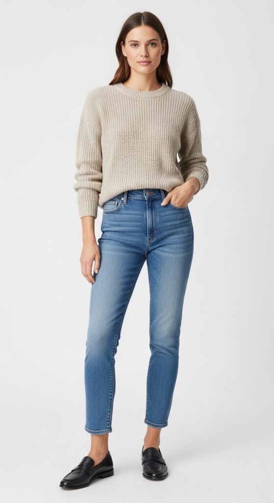 10 Casual Interview Outfit Ideas That Strike The Perfect Balance 5 Smart Jeans with a Structured Sweater and Loafers