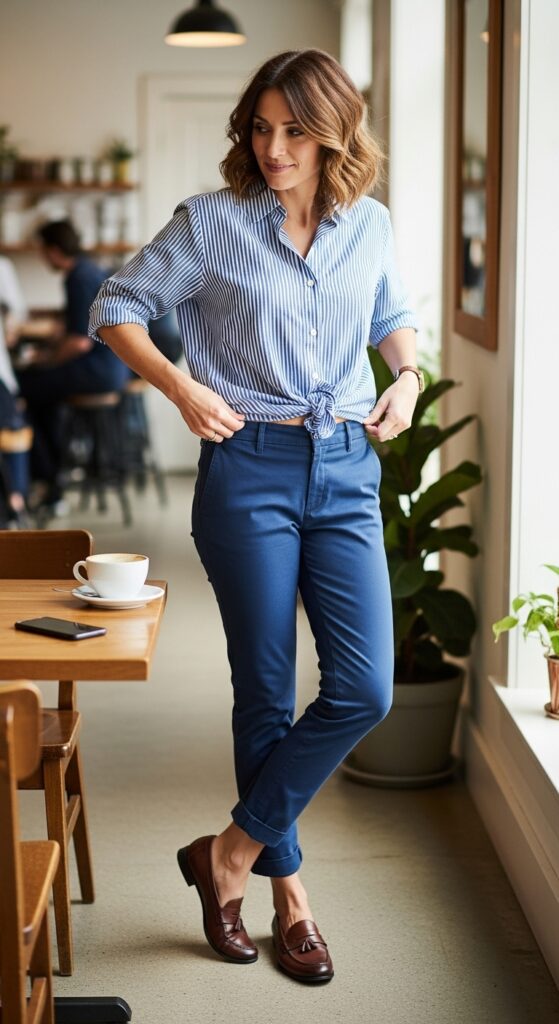 12 Chic Chinos Outfit Ideas to Elevate Your Style 5 Striped Shirt Tuck and Loafers