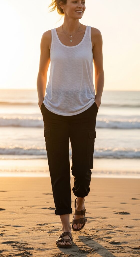 14 Chic Black Cargo Pants Outfits for Effortless Style 17 Summer Tank and Sandals