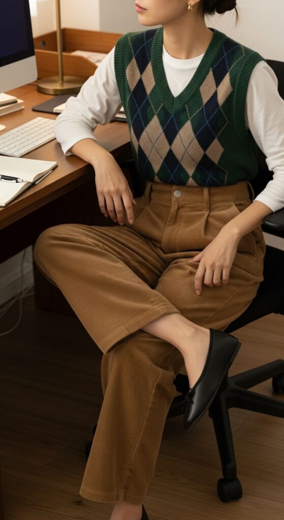 Sweater Vest and Corduroy Pants with Flats