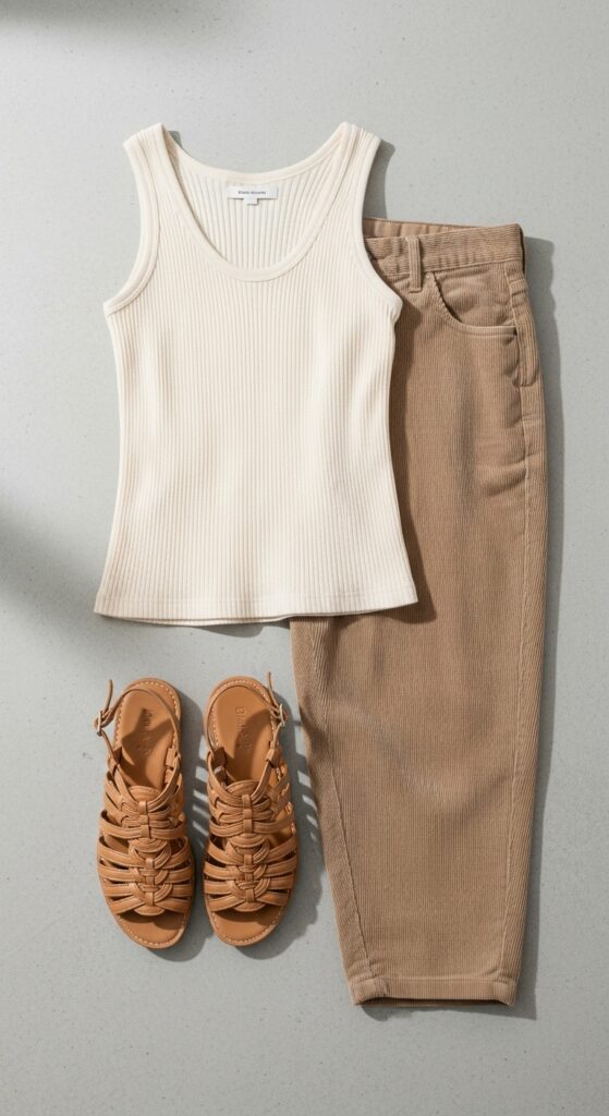 Tank Top and Corduroy Pants with Sandals