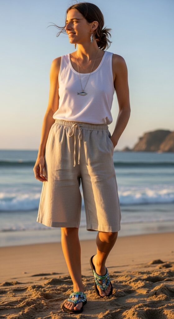 Tank Top and Linen Shorts with Flip-Flops