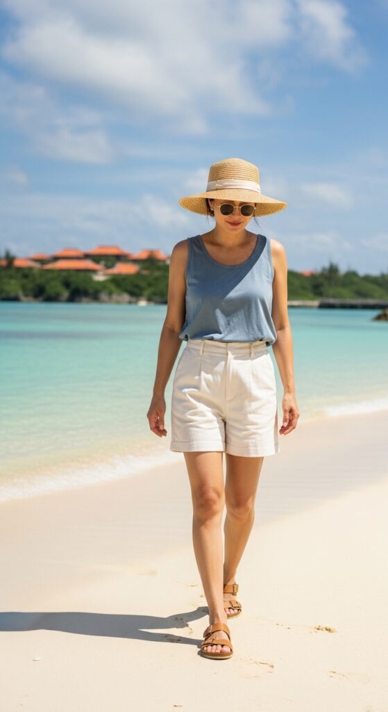 What to Wear in Japan: 12 Stylish Outfit Ideas for Your Trip 8 Tank Top with Linen Shorts and Sandals