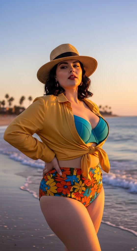 12 Plus Size Fall Beach Outfits for the Confidently Curvy Traveler 6 The Retro High-Waisted Two-Piece