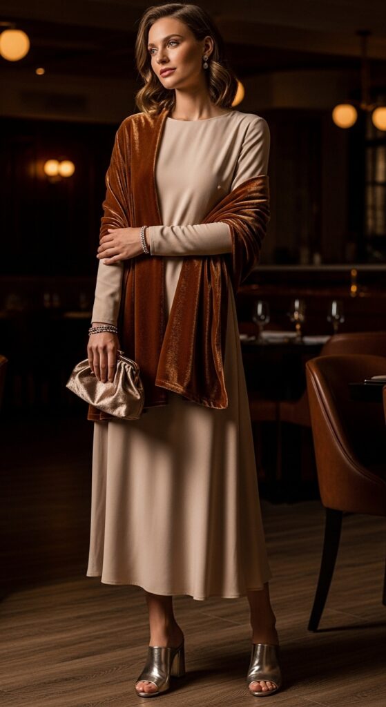 14 Elegant Beige Dress Outfits for Timeless Style 14 Velvet Wrap
