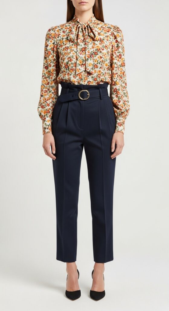 Vintage Floral Blouse with High-Waisted Trousers