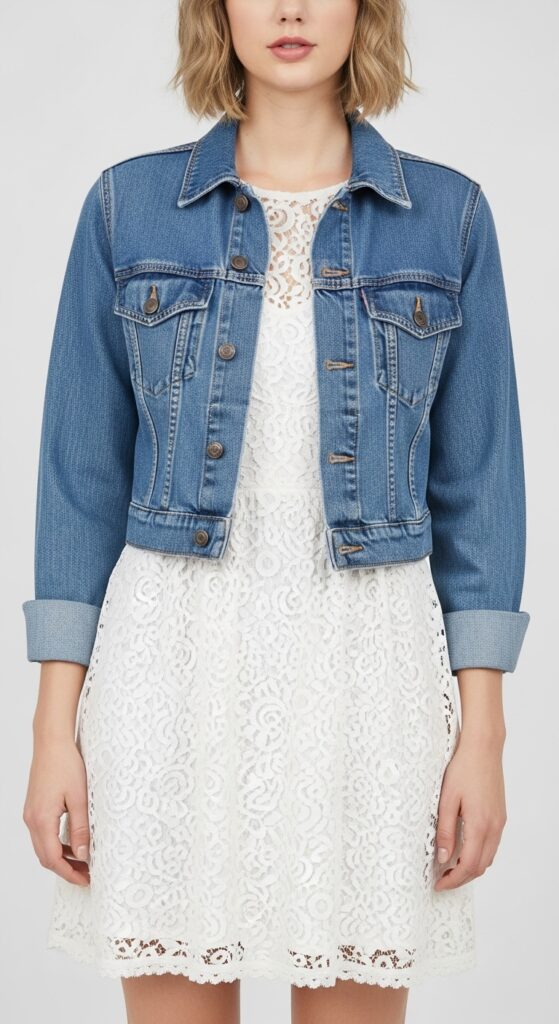 White Lace Dress with a Cropped Denim Jacket