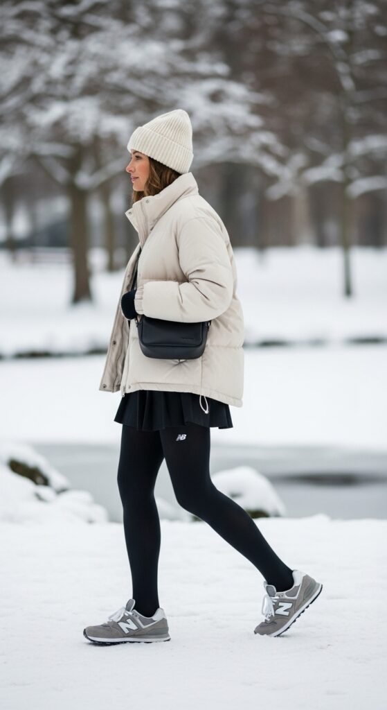 15 Chic New Balance Outfit Ideas for Any Moment 18 Winter Puffer and Tights