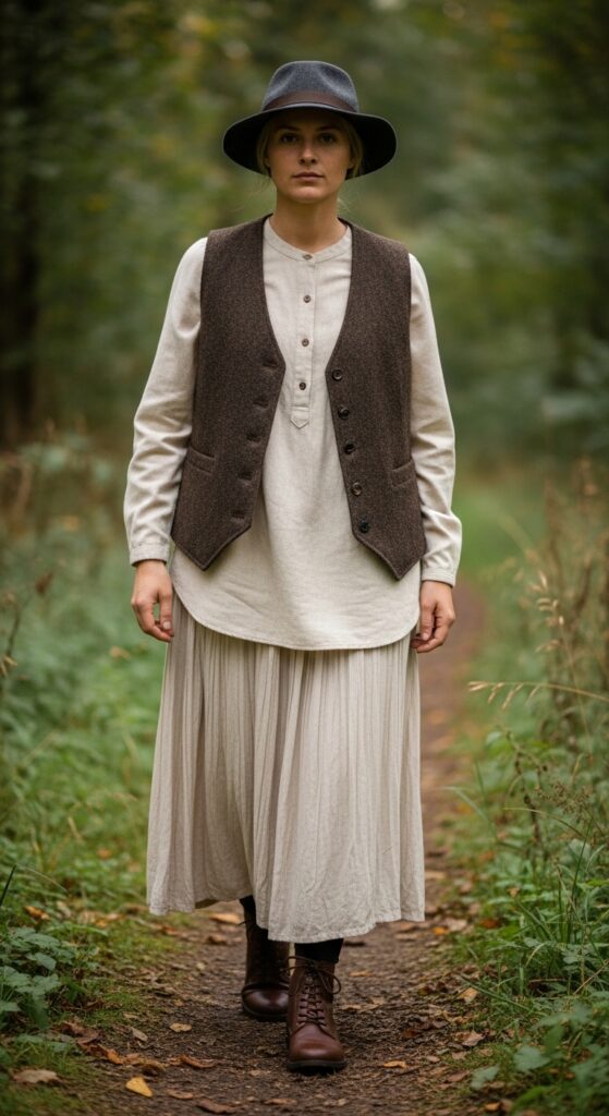 Wool Vest with Button-Up Shirt and Skirt