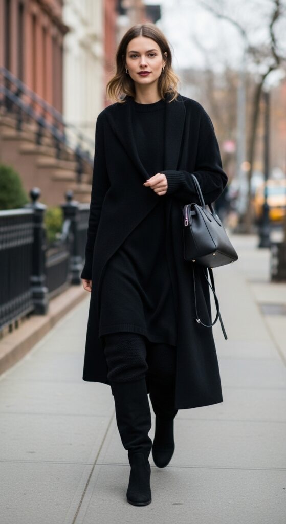 Big City Chic: 12 Plus Size New York Winter Outfits for Stylish Curvy Women 6 All-Black Minimalism