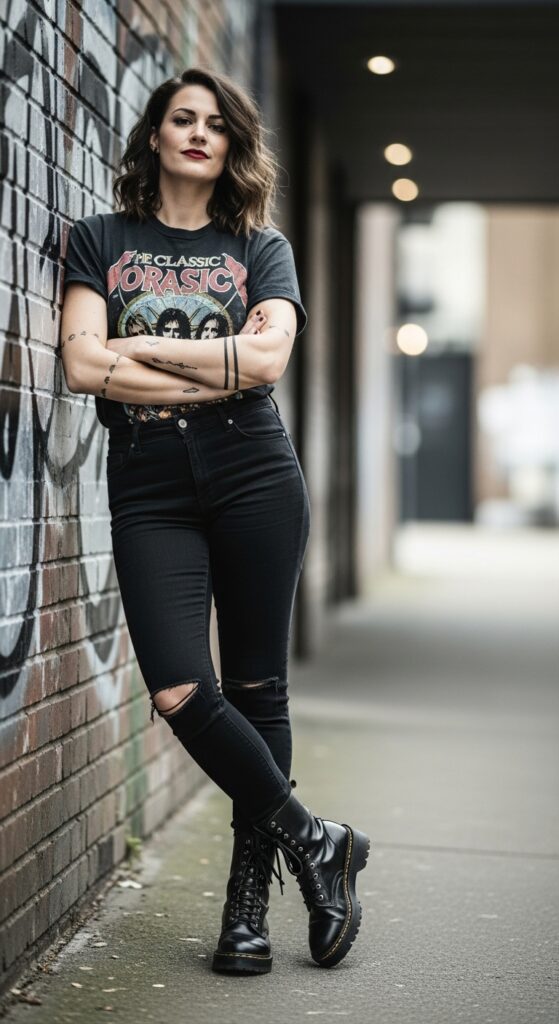 Band Tee and Black Jeans with Combat Boots