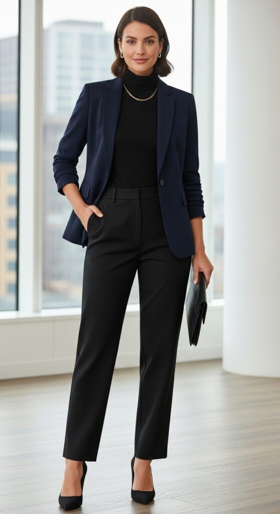 Blazer over Turtleneck with Straight Pants