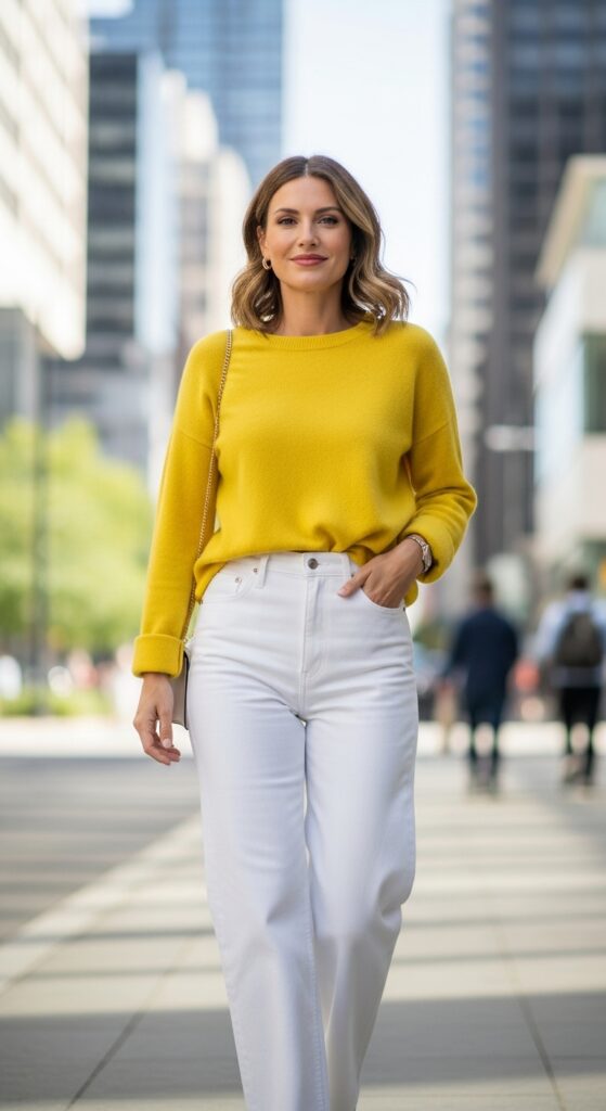 12 Plus Size Winter to Spring Outfits Curvy Women Will Love 8 Bright Knitwear with White Denim